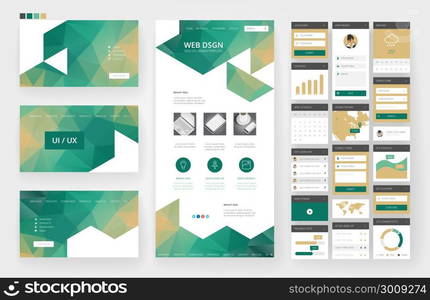 Website template, one page design, headers and interface elements. Low poly abstract backgrounds.