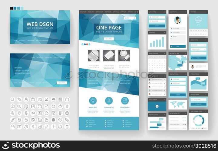 Website template, one page design, headers and interface elements. Low ...