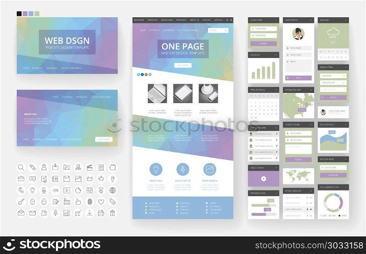Website template, one page design, headers and interface elements. Low poly abstract backgrounds.. Website design template and interface elements