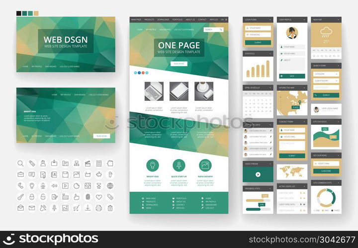 Website template, one page design, headers and interface elements. Low poly abstract backgrounds.. Website design template and interface elements