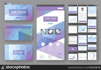 Website template, one page design, headers and interface elements. Low poly abstract backgrounds.. Website design template and interface elements