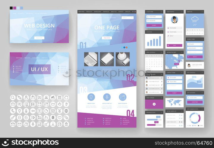 Website template, one page design, headers and interface elements. Low poly abstract backgrounds.