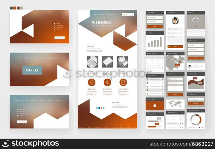 Website template, one page design, headers and interface elements. Low poly abstract backgrounds.