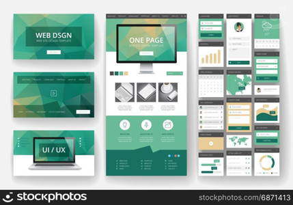 Website template, one page design, headers and interface elements. Low poly abstract backgrounds.