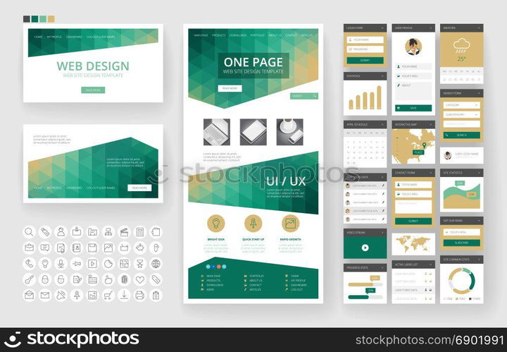 Website template, one page design, headers and interface elements. Low poly abstract backgrounds.