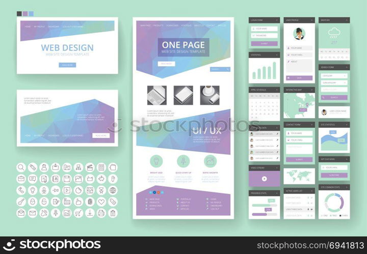 Website template, one page design, headers and interface elements. Low poly abstract backgrounds.