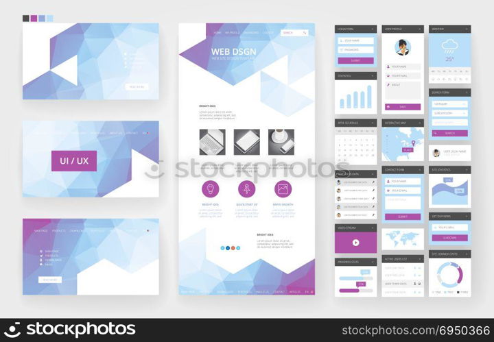 Website template, one page design, headers and interface elements. Low poly abstract backgrounds.