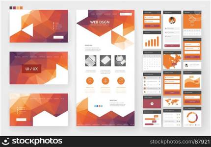 Website template, one page design, headers and interface elements. Low poly abstract backgrounds.