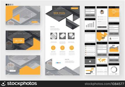 Website template, one page design, headers and interface elements. Office stationery background.