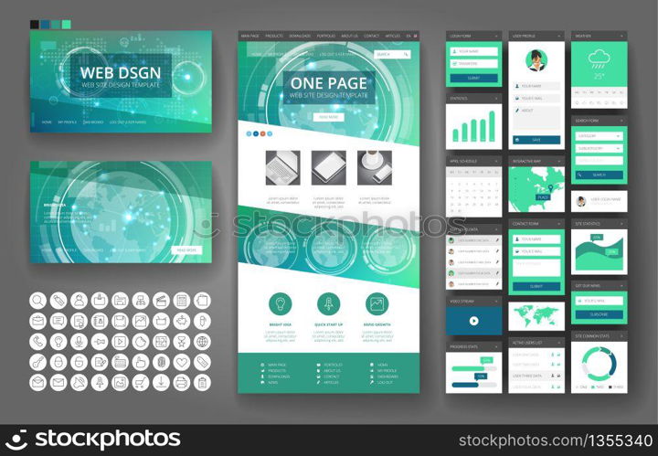 Website template, one page design, headers and interface elements. Technology HUD global connections backgrounds.