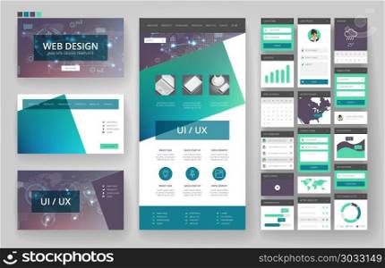 Website template, one page design, headers and interface elements. Technology HUD global connections backgrounds.. Website design template and interface elements