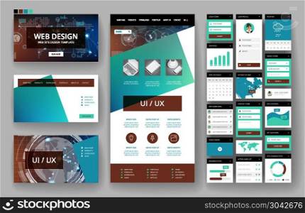 Website template, one page design, headers and interface elements. Technology HUD global connections backgrounds.. Website design template and interface elements