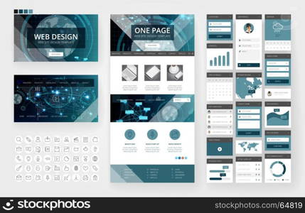 Website template, one page design, headers and interface elements. Technology HUD global connections backgrounds.