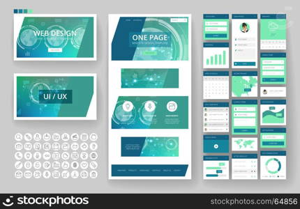 Website template, one page design, headers and interface elements. Technology HUD global connections backgrounds.