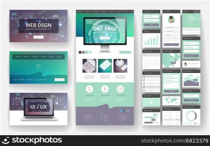 Website template, one page design, headers and interface elements. Technology HUD global connections backgrounds.