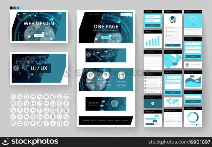 Website template, one page design, headers and interface elements. Technology HUD global connections backgrounds.