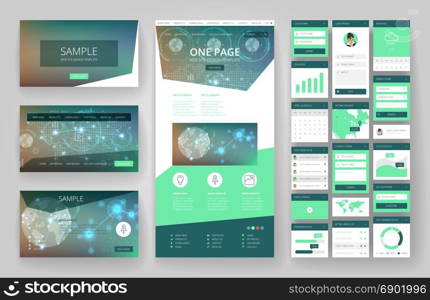 Website template, one page design, headers and interface elements. Technology HUD global connections backgrounds.