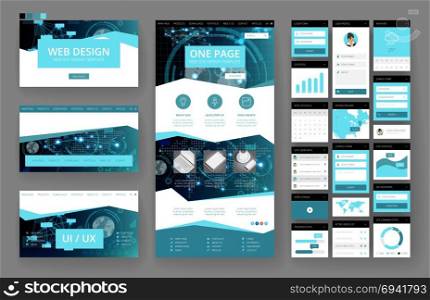 Website template, one page design, headers and interface elements. Technology HUD global connections backgrounds.