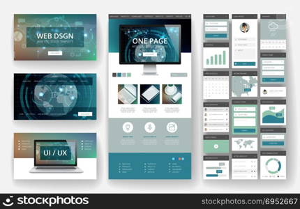 Website template, one page design, headers and interface elements. Technology HUD global connections backgrounds.