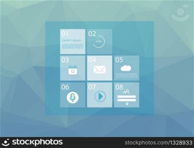 Website template with basic menu. Line art icons. Low poly blue vector background. Graphic user interface symbols. Eps10 vector illustration.