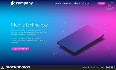 Website template with isometric mobile phone for mobile technology. Smartphone on colored background. Vector illustration.