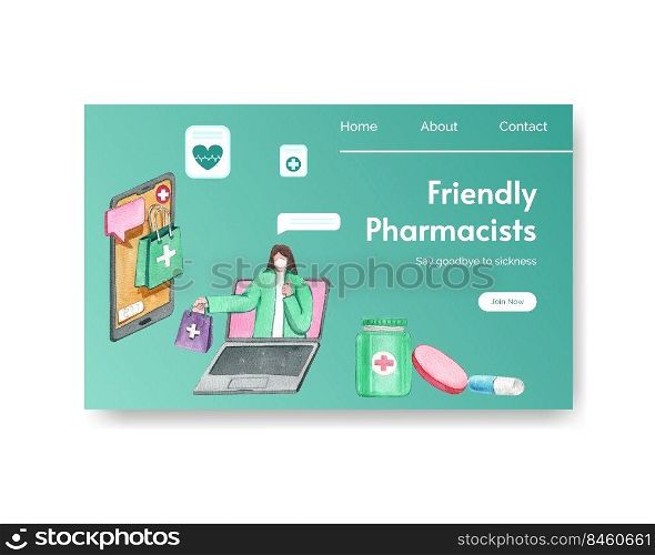 Website template with world pharmacists day concept,watercolor style 