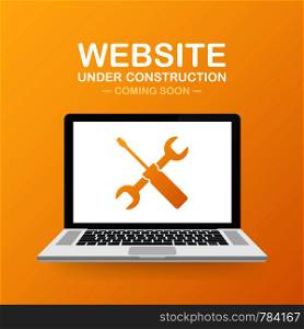 Website Under construction sign on laptop. Vector stock illustration for website