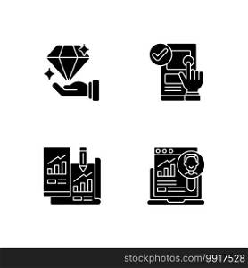 Website user experience. black glyph icons set on white space. Site usability. Valuable product. Data research. Online content. Information analysis. Silhouette symbols. Vector isolated illustration. Website user experience. black glyph icons set on white space