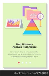 Website with best business analysis techniques. Diagrams and graphics of analytical processes. Site landing page template vector illustration. Colored pyramid and file folders on webpage layout. Website with best business analysis techniques. Diagrams and graphics of analytical processes