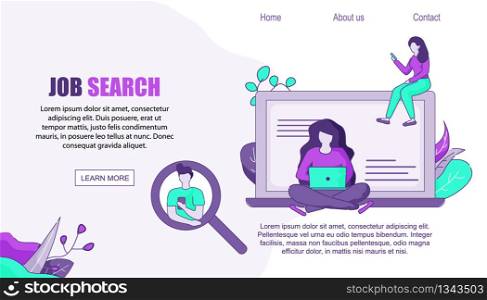 Website with Digital Help for Job Searching on PC, Mobile, Laptop. Man and Woman Using Device with Virtual Assistant. Floral Web Design Landing Page. Agency Human Resource for Seekers, Employers. Digital Help for Job Searching on PC, Mobile