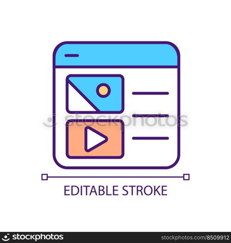 Website with multimedia elements RGB color icon. Site with videos and images. Multimedia resources. Isolated vector illustration. Simple filled line drawing. Editable stroke. Arial font used. Website with multimedia elements RGB color icon