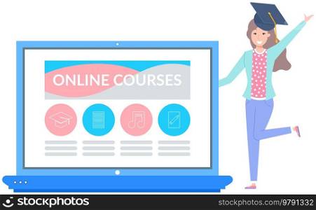 Website with online courses layout. Online educational program, studying via Internet. Woman graduates after internet courses. Student learns using computer. Computer program for education template. Online educational program, studying via Internet. Woman graduates after internet courses
