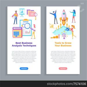 Website with text, tools to grow your business vector. Analysis techniques, people with startup launching rocket, money tree and infographics data. Tool to Grow Business, Analysis Techniques Set