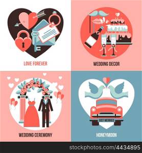 Wedding 2x2 Images Set. Love forever honeymoon wedding ceremony and wedding decor abstract compositions flat 2x2 set vector illustration