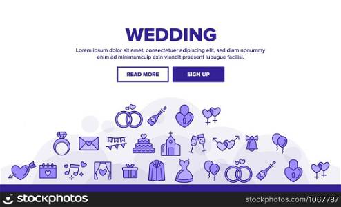 Wedding And Engaging Landing Web Page Header Banner Template Vector. Wedding Traditional Ceremony. Engagement Rings, Festive Cake, Bride Dress, Champagne Bottle Illustration. Wedding And Engaging Landing Header Vector