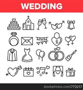 Wedding And Engaging Vector Linear Icons Set. Wedding Traditional Ceremony Outline Symbols Pack. Engagement Rings, Festive Cake, Bride Dress, Champagne Bottle Isolated Contour Illustrations. Wedding And Engaging Vector Linear Icons Set