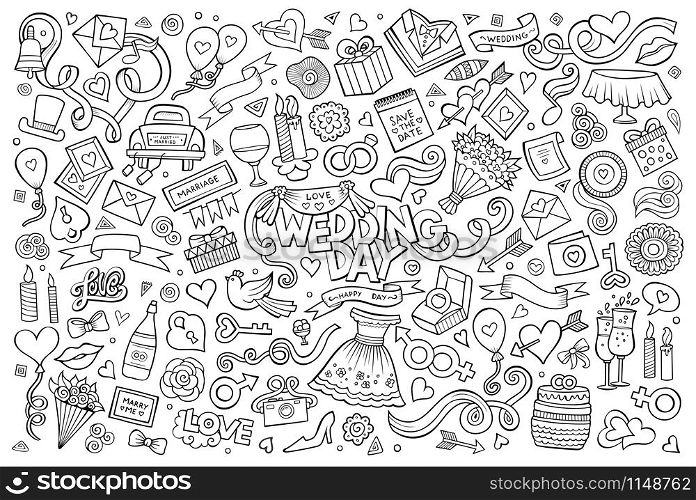 Wedding and love doodles hand drawn sketchy vector symbols. Wedding and love doodles sketchy vector symbols