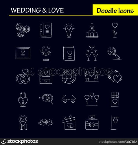 Wedding And Love Hand Drawn Icons Set For Infographics, Mobile UX/UI Kit And Print Design. Include: Bulb, Idea, Love, Heart, Wedding, Movies, Video, Love, Icon Set - Vector