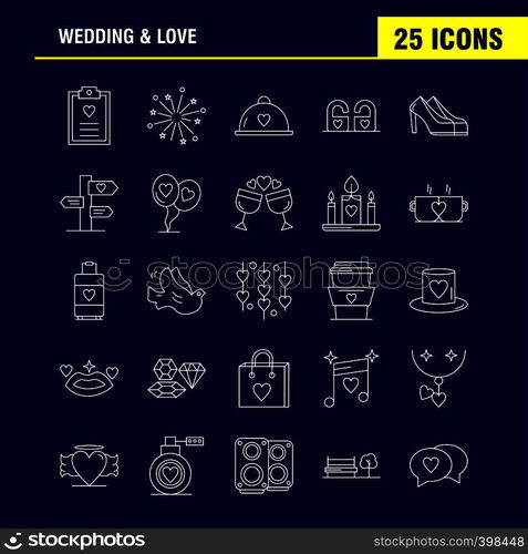 Wedding And Love Line Icons Set For Infographics, Mobile UX/UI Kit And Print Design. Include: Clipboard, Heart, Love, Text, Firework, Fire, Love, Wedding, Icon Set - Vector