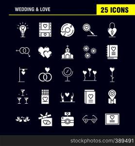 Wedding And Love Solid Glyph Icons Set For Infographics, Mobile UX/UI Kit And Print Design. Include: Bulb, Idea, Love, Heart, Wedding, Movies, Video, Love, Icon Set - Vector