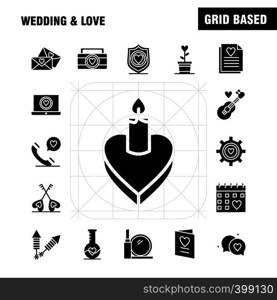 Wedding And Love Solid Glyph Icons Set For Infographics, Mobile UX/UI Kit And Print Design. Include: Laptop, Love, Heart, Wedding, Card, Love, Heart, Wedding, Icon Set - Vector