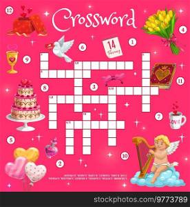 Wedding and valentine cupid, hearts and cake, magic potion, dove and flowers, vector crossword. Grid worksheet to find word, quiz game with wedding cake and balloons, love book and dove. Wedding, valentine cupids crossword worksheet game