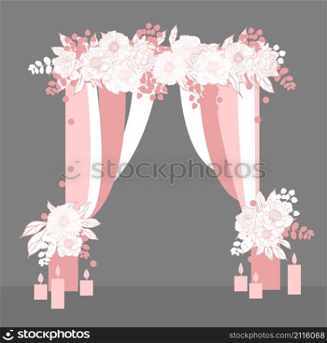 Wedding arch with flowers and candles . Vector illustration.. Wedding arch. Vector illustration.