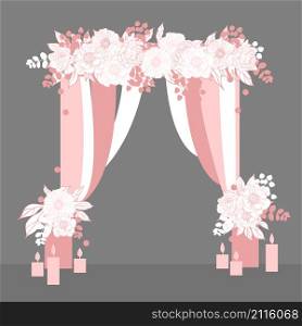 Wedding arch with flowers and candles . Vector illustration.. Wedding arch. Vector illustration.