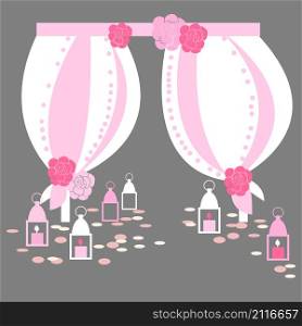 Wedding arch with flowers and lanterns on grey background. Wedding in pink colors. Vector illustration.. Wedding arch. Vector illustration.