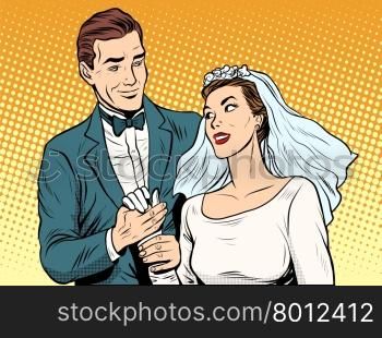 Wedding betrothal engagement groom bride love pop art retro style. Couple man and woman in wedding attire. Romance and feelings. Wedding betrothal engagement groom bride love