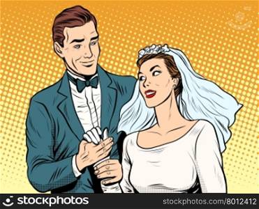 Wedding betrothal engagement groom bride love pop art retro style. Couple man and woman in wedding attire. Romance and feelings. Wedding betrothal engagement groom bride love