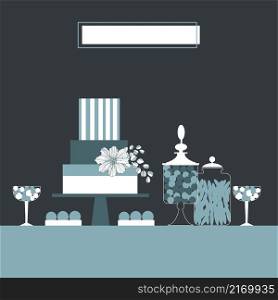 Wedding blue candy bar with cake. Dessert table. Vector illustration.. Dessert bar with cake. Vector illustration.
