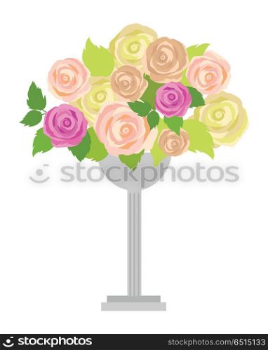 Wedding Bouquet of Pink, White and Green Roses. Wedding bouquet of pink, white and green roses in vase isolated on white. Wedding decoration. Romantic gentle element for wedding design. Wedding decor fashion interior. Decoration with roses. Vector
