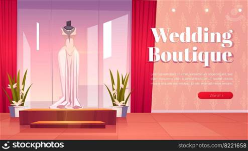 Wedding boutique cartoon landing page, bridal shop interior with dresses on mannequins and large mirrors with lighting. bride gowns selling showroom with fashioned women dressing, vector web banner. Wedding boutique cartoon landing page, bridal shop